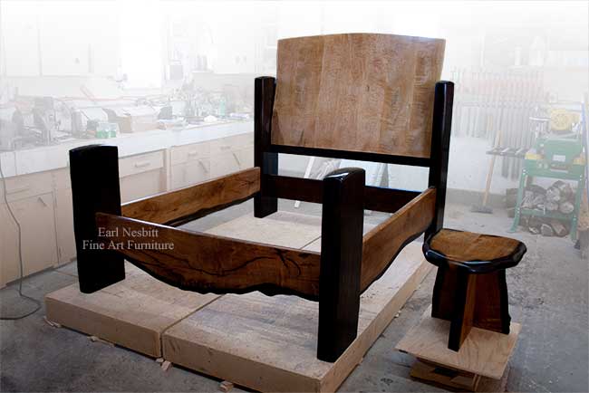 live edge bed with matching live edge side table and shown without slats